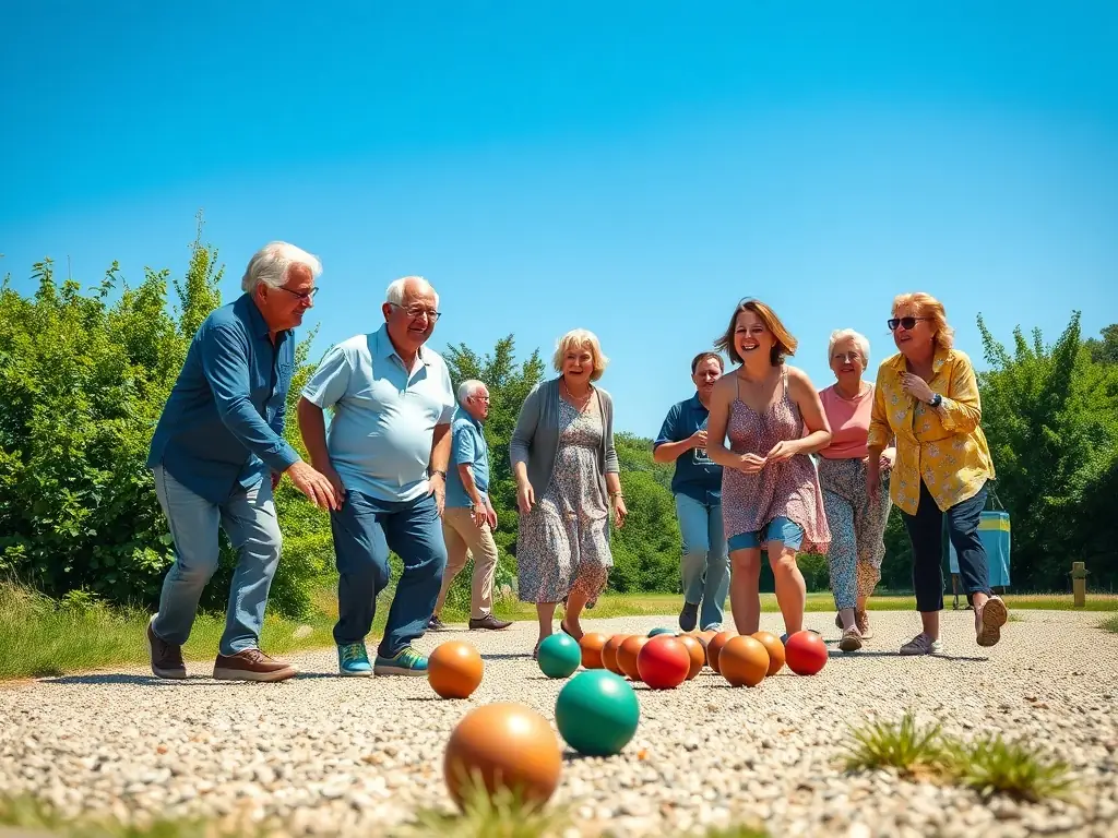 A photograph of a group of people of various ages playing pétanque in a sunny, outdoor setting. The focus is on the camaraderie and enjoyment of the game, with smiles and laughter visible.