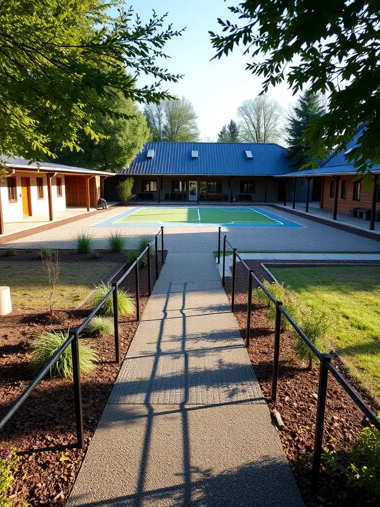 A photograph of the LE TILLEUL REILHACOIS facilities, highlighting the accessible and welcoming environment for pétanque and other activities.