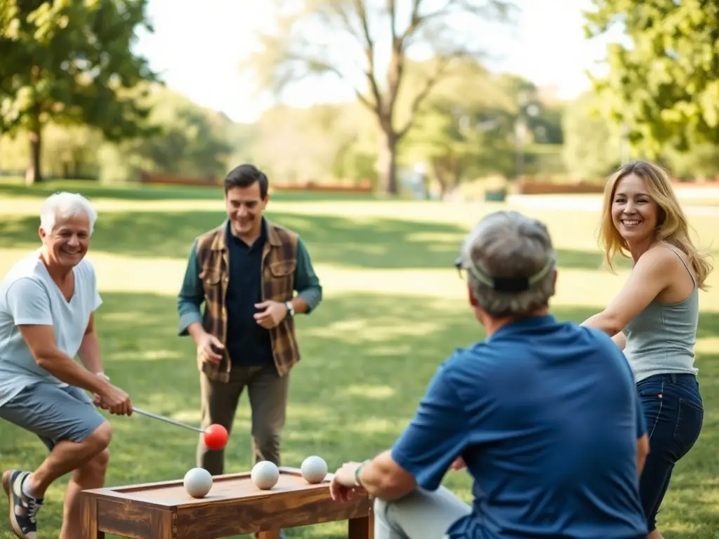 A group of people playing pétanque in a park, focusing on the camaraderie and enjoyment of the game.
