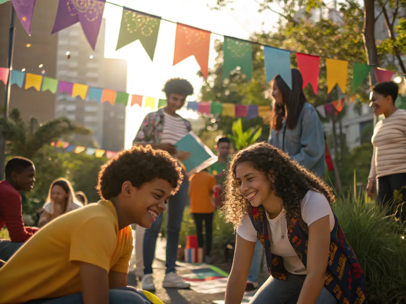 A lively image of a community event organized by LE TILLEUL REILHACOIS, showing people interacting, laughing, and enjoying each other's company.