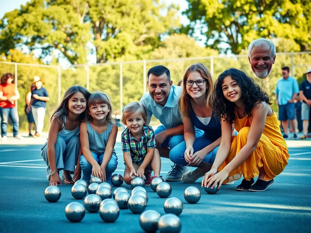 A vibrant image of people of different ages playing pétanque in a park, showcasing the inclusive nature of the activity and the joy of social interaction.