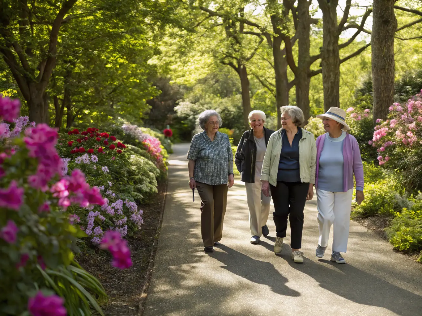 A serene image of a group of people participating in a gentle recreational activity, such as a guided walk or a board game session, emphasizing relaxation and enjoyment.