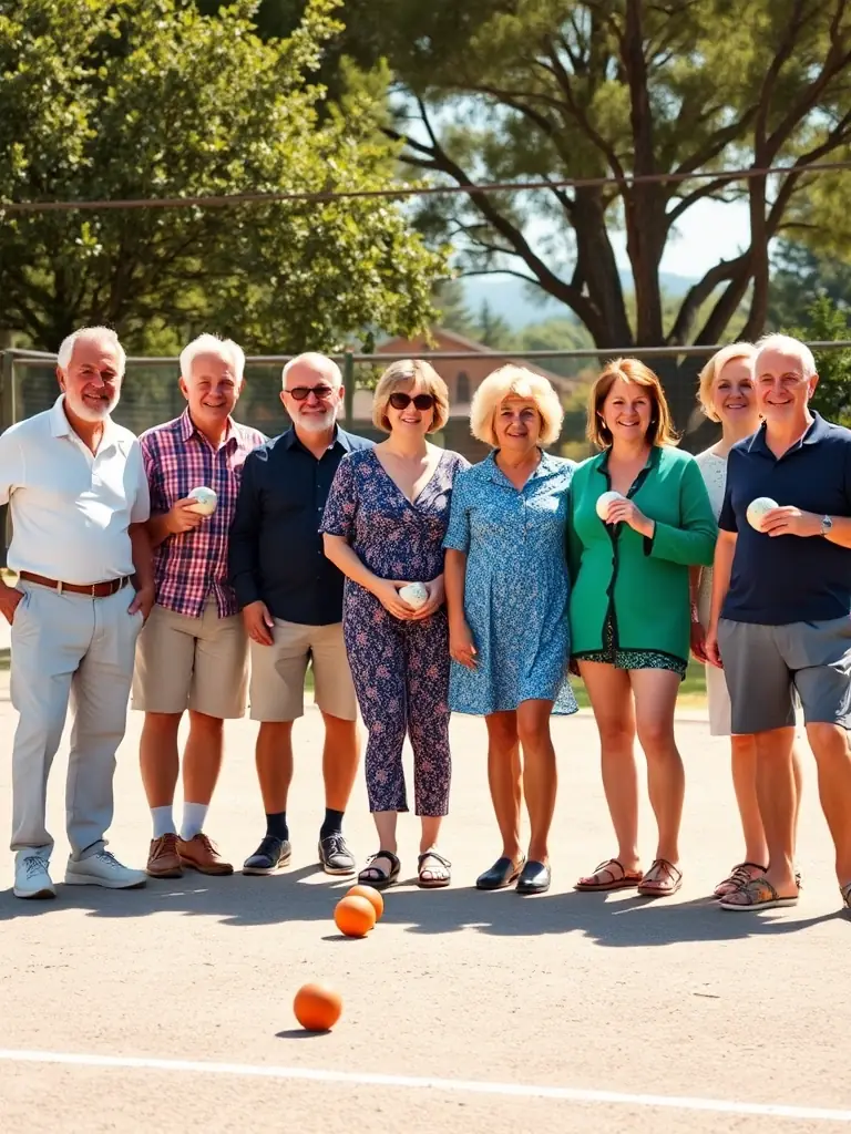 A group of people of various ages playing pétanque in a park, focusing on the camaraderie and relaxed atmosphere.