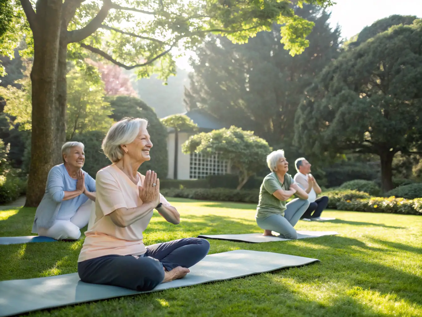 A group of seniors participating in a gentle exercise class outdoors, emphasizing health and well-being.